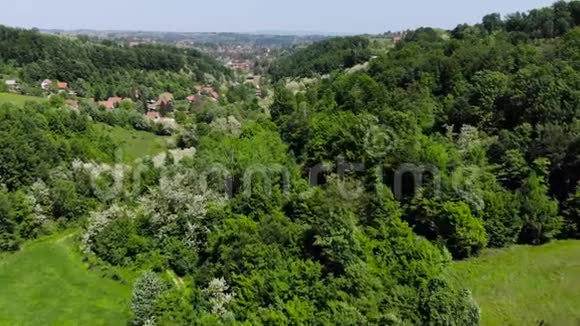 空中无人驾驶飞机飞过被森林包围的东欧山村夏天绿树成荫视频的预览图