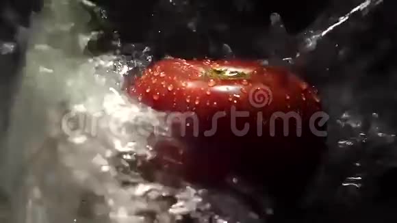 番茄的缓慢运动和黑色背景的落水视频的预览图