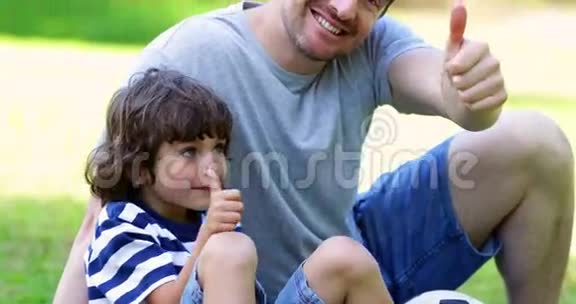 父亲和小儿子坐在公园里竖起大拇指视频的预览图