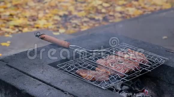 花园里的印度夏季烧烤那个人正在烤一些肉特写镜头视频的预览图