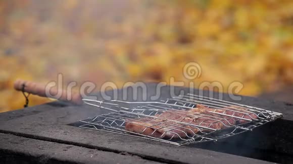 花园里的印度夏季烧烤那个人正在烤一些肉特写镜头视频的预览图