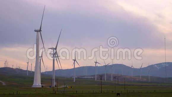 加州莫哈夫日落时旋转的风力涡轮机视频的预览图