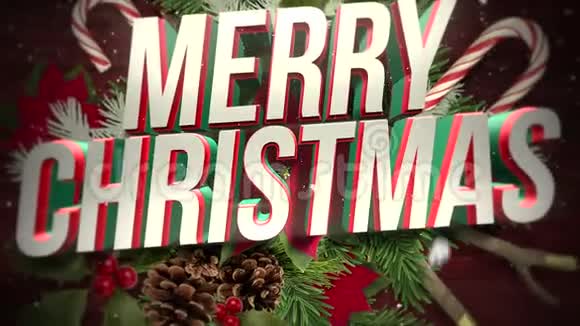 动画特写圣诞快乐文字白色雪花糖和绿色圣诞树枝木头背景视频的预览图