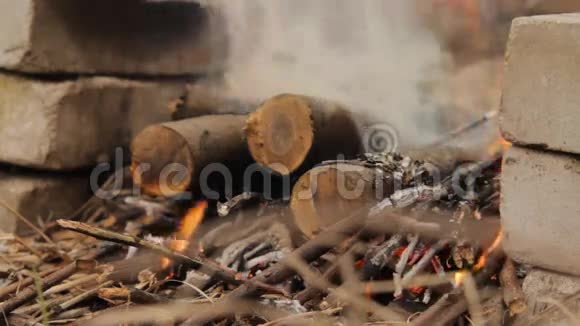 用烟和火燃烧木原木视频的预览图