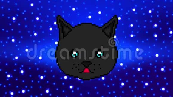 像素猫用眼睛移动在空间和星星的背景下显示舌头准备在任何地方使用视频的预览图