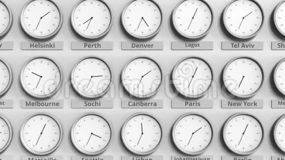 时钟显示堪培拉澳大利亚时间在不同的时区3D动动画视频的预览图