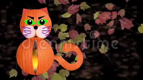 万圣节猫动画与秋叶闪闪发光的背景和阿尔法频道视频的预览图