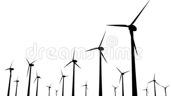 风力涡轮机农场隔离在白色背景3d动画视频的预览图
