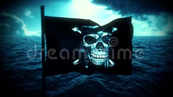 蓝色欢乐罗杰海盗船旗标志运动背景视频的预览图