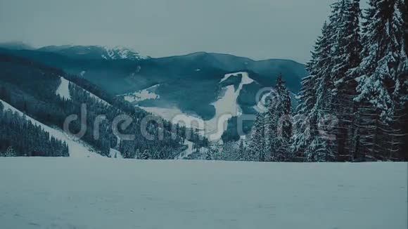 滑雪者在森林里的滑雪场下坡视频的预览图