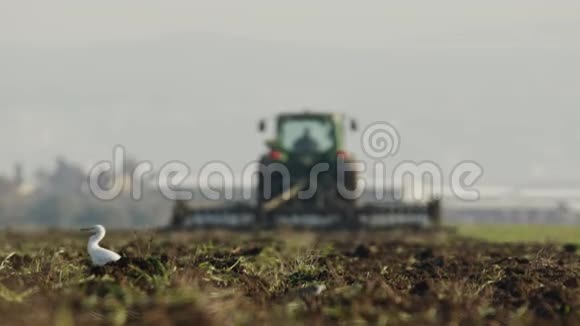拖拉机在慢运动中培育绿色的田野视频的预览图
