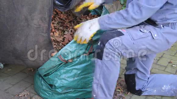 utumn叶子带工作手套的工人用塑料袋填充叶子视频的预览图