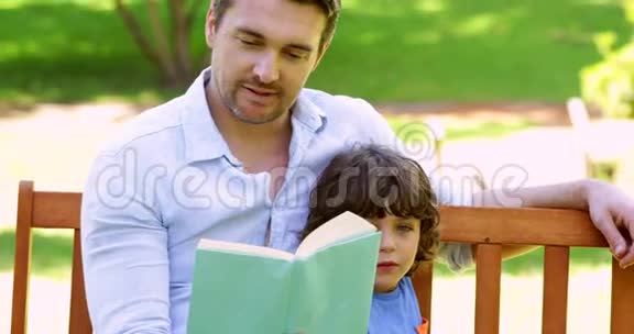 父子俩坐在公园的长椅上看书视频的预览图