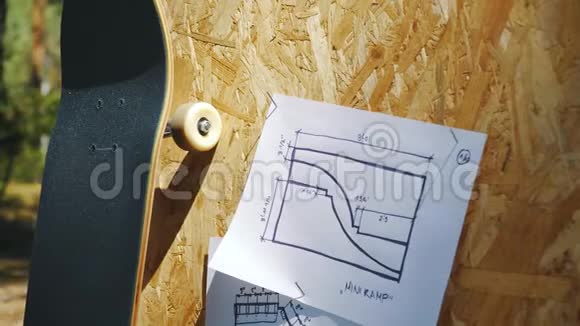 滑板在木制背景上并计划在溜冰场的迷你坡道视频的预览图
