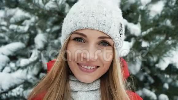 美丽的金发碧眼的金发碧眼正在冬天的景色中微笑视频的预览图