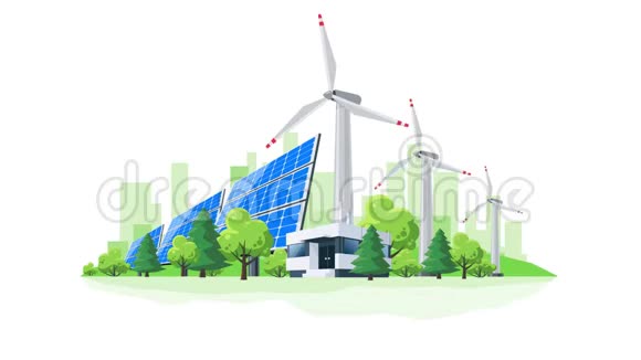 太阳能电池板和风力涡轮机发电厂循环卡通动画视频的预览图