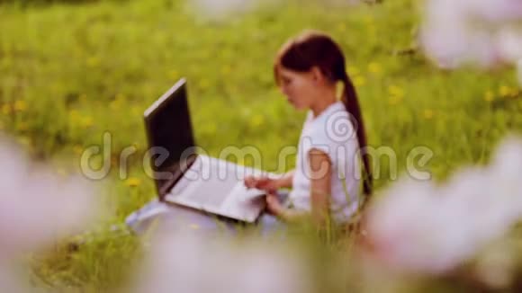 带着笔记本电脑在公园里的白人男孩有笔记本电脑的孩子带手提电脑的乡下少年视频的预览图