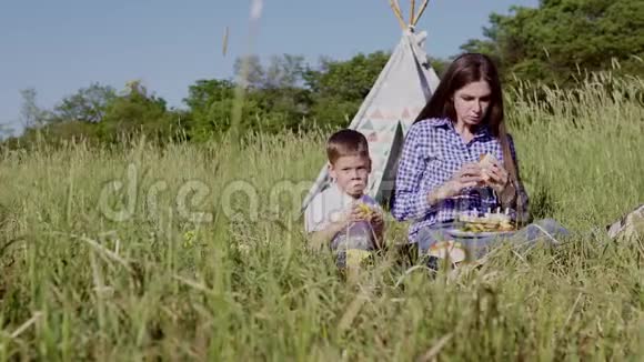 妈妈和小男孩在野餐时吃东西的性质视频的预览图
