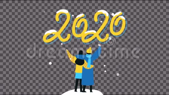 动画黄色文字2020与白色雪上黑白背景视频的预览图