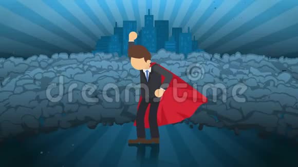 站在城市背景上的超级英雄近一片尘埃云商业象征领导力和成就理念喜剧循环动画视频的预览图