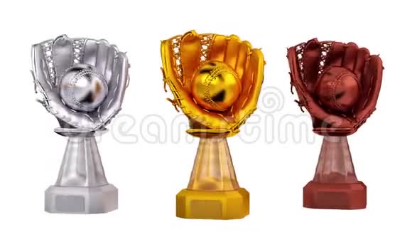 无限旋转的棒球金银和青铜奖杯的正面视图视频的预览图