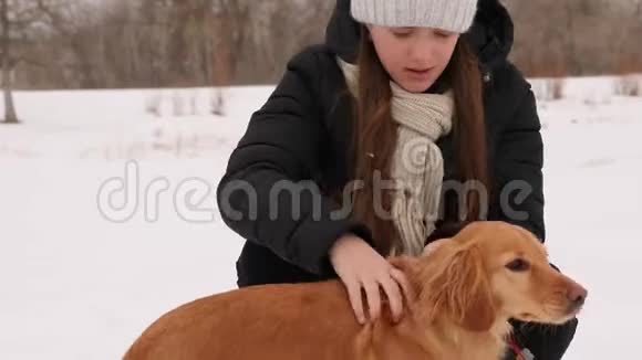 年轻的女孩抚摸和亲吻她心爱的狗和微笑女孩在冬天的公园里玩狗视频的预览图