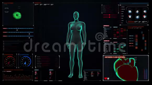 女性人体扫描淋巴系统在数字显示仪表板蓝色X光灯视频的预览图