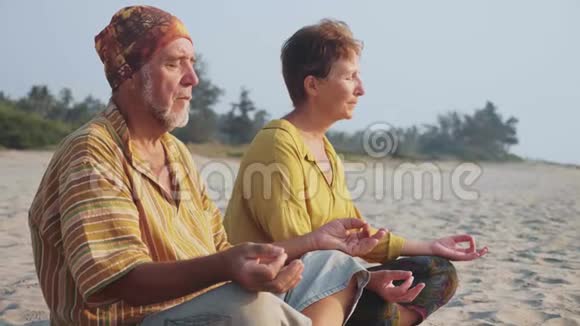 老两口坐在沙滩上一起冥想视频的预览图