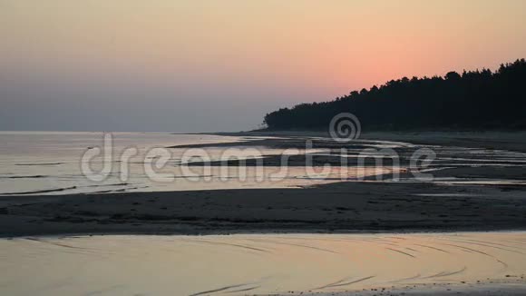 日出前蓝色和橙色的天空在潮湿的沙滩上反射海水涌来视频的预览图
