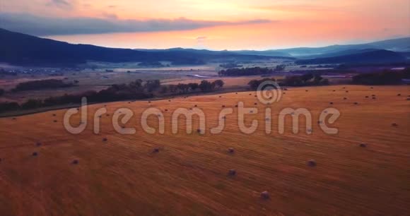空中飞行和空中视野的田野与干草堆乡村景色俄罗斯视频的预览图