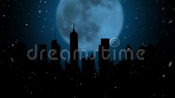 夜晚的城市在月亮的背景下飞舞着雪花和烟花视频的预览图