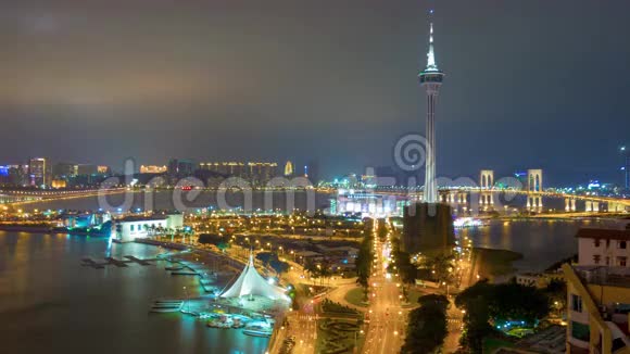 澳门塔台著名海湾夜光屋顶全景4k消失中国视频的预览图