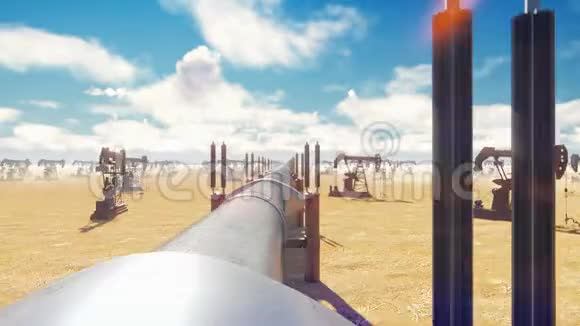 在阳光明媚的日子里泵油千斤顶和管道管道输送天然气或石油真实的电影动画视频的预览图