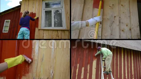 女人和男人在梯子上油漆木屋视频剪辑拼贴视频的预览图
