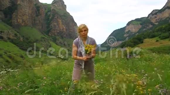 一个女人在草地上收集圣约翰药视频的预览图