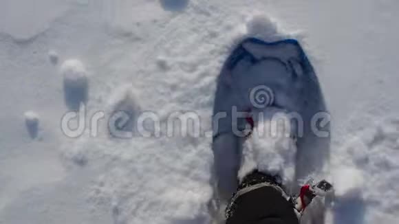 希克尔的观点用雪鞋在雪表面行走的特写腿雪地上的雪鞋视频的预览图