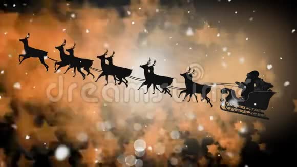 雪橇上的圣诞老人剪影驯鹿带着神奇的星星飞翔视频的预览图