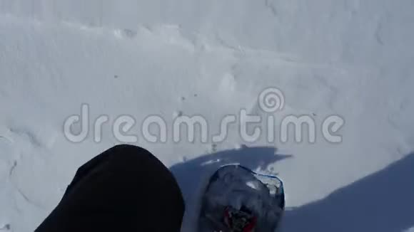 希克尔的观点用雪鞋在雪表面行走的特写腿雪地上的雪鞋视频的预览图