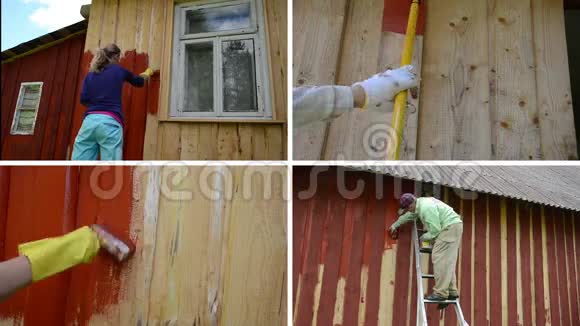女人和男人在梯子上油漆木屋录像拼贴视频的预览图