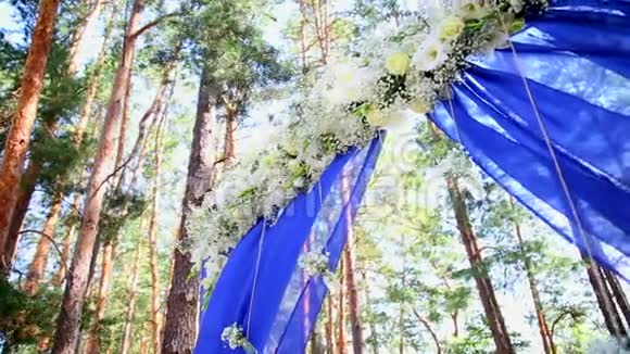 用鲜花装饰松木装饰着美丽的结婚拱门视频的预览图