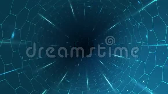 带有六边形和光线的蓝色未来旋转隧道视频的预览图