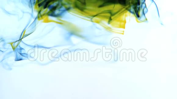 黄色和蓝色的墨水在白色背景的水中旋转视频的预览图