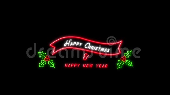 圣诞快乐黑色背景下的新年霓虹灯标志视频的预览图