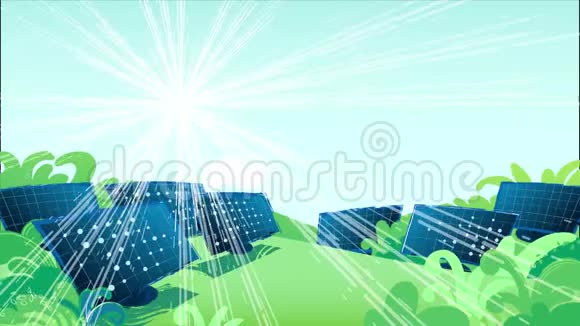 太阳穿过天空照亮田野里的太阳能电池板视频的预览图