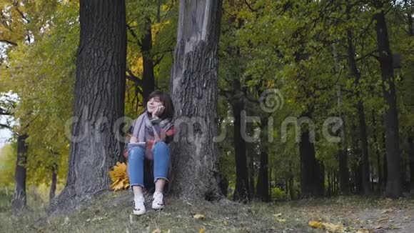 美妙的秋景迷人的年轻快乐微笑的女人坐在公园的草地上在笔记本上做笔记视频的预览图