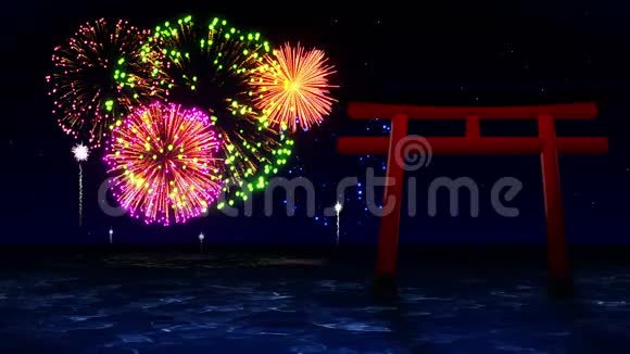 日本的红桃门五颜六色的烟花照亮了天空烟花节的景色视频的预览图
