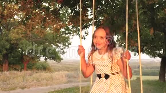 小女孩在阳光下的树下荡秋千和孩子们一起玩特写镜头家庭的乐趣儿童乘车视频的预览图