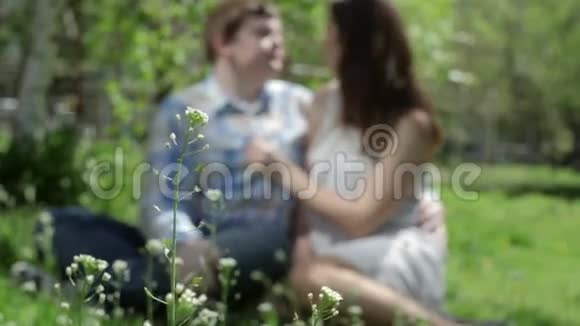 春天爱的夫妇坐在公园的草地上视频的预览图
