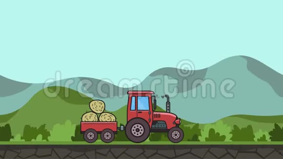 动画拖拉机与手推车充满干草骑通过绿色山谷在丘陵地貌背景下移动农用车视频的预览图
