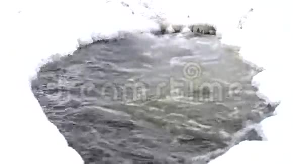 冬天可以看到结冰的巨石到溪流的瀑布冰柱和水位的反射溪流在深深的冻结视频的预览图